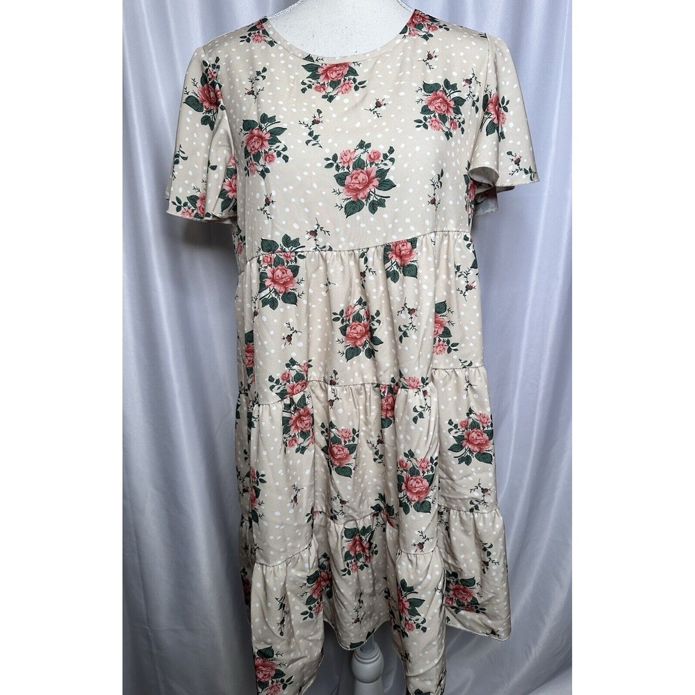 SHEIN Dress Size L Floral Polka Dot Roses Ruffle Sleeve Smock Comfy